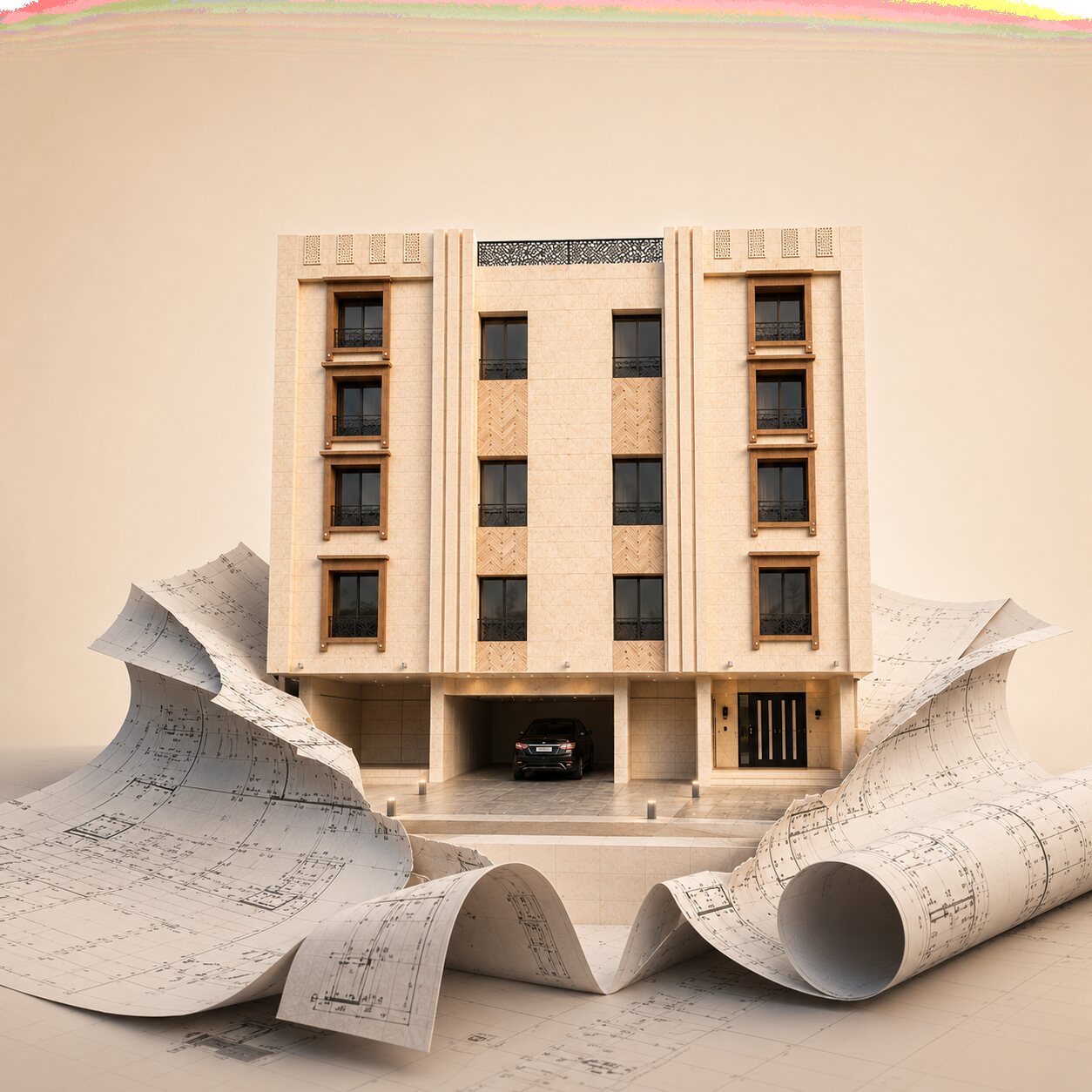 تصميم ثلاثي الأبعاد لواجهة مشروع افق 115 في بطحاء قريش